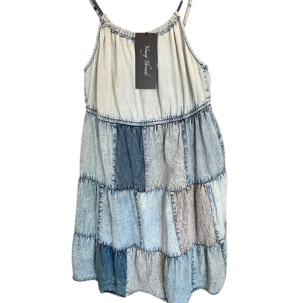 Young Threads Patchwork Chambray Babydoll Dress Pockets NWT Small